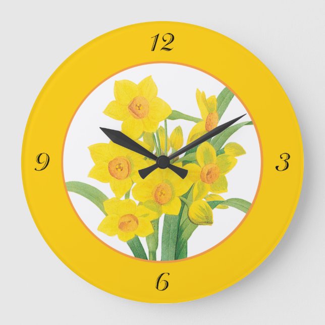 Gult Daffodils on Orange Blommigt Clock 4 Nummer Stor Klocka (Framsida)