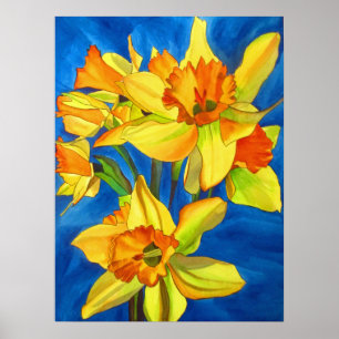 Gult Daffodils original vattenfärgsblomma art Poster