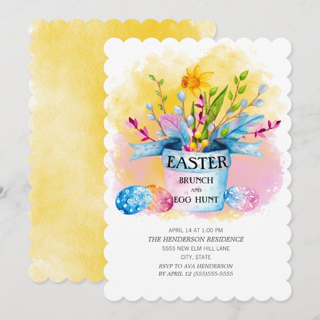 Gult Daffodils Rosa Påsk Brunch Egg Hunt Inbjudningar (Fram/baksida)