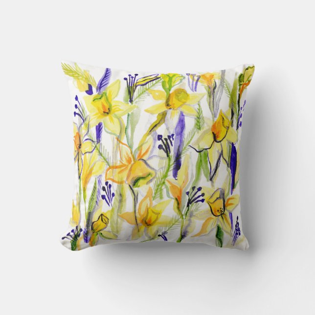 Gult Daffodils Watercolor Illustration Kudde (Framsida)
