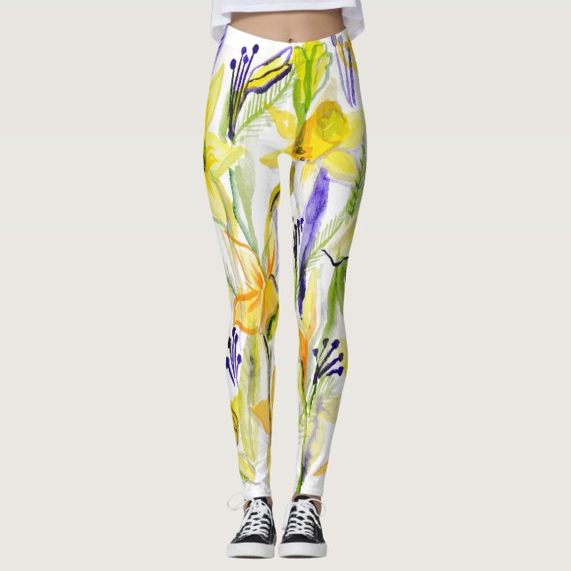 Gult Daffodils Watercolor Illustration Leggings (Framsida)