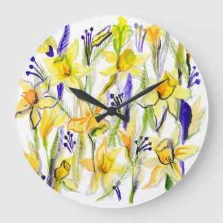 Gult Daffodils Watercolor Illustration Stor Klocka