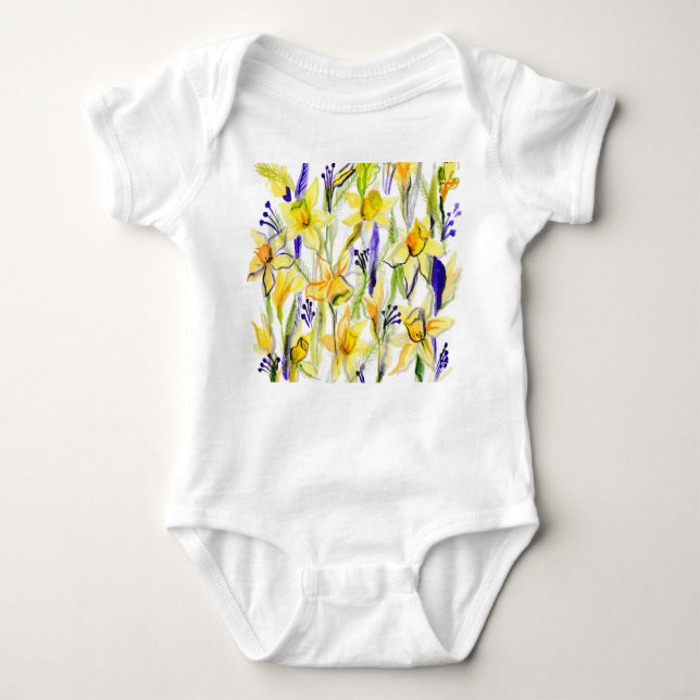 Gult Daffodils Watercolor Illustration T Shirt (Framsida)