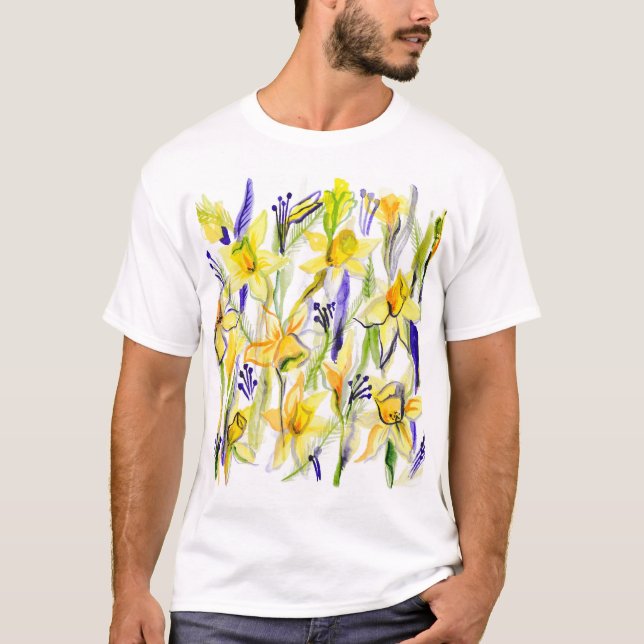 Gult Daffodils Watercolor Illustration T Shirt (Framsida)