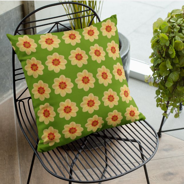Gult Dahlia-Blommönstret om Grönt Kudde (In Situ Patio)