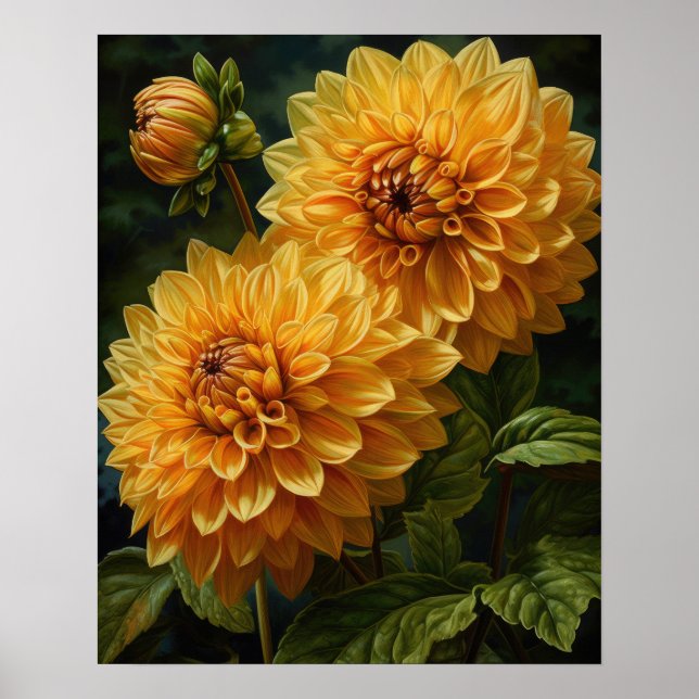 Gult Dahlia Flowers Art Print Poster (Framsidan)