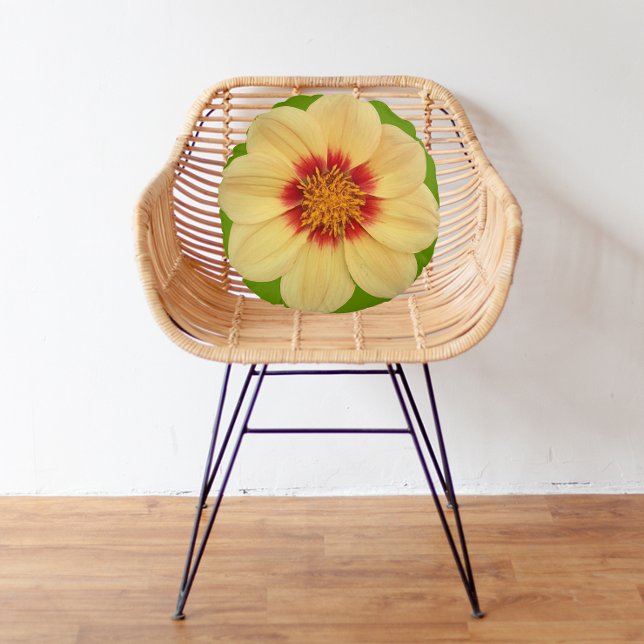 Gult Dahlia på Blommigten Grönt Rund Kudde (In Situ)