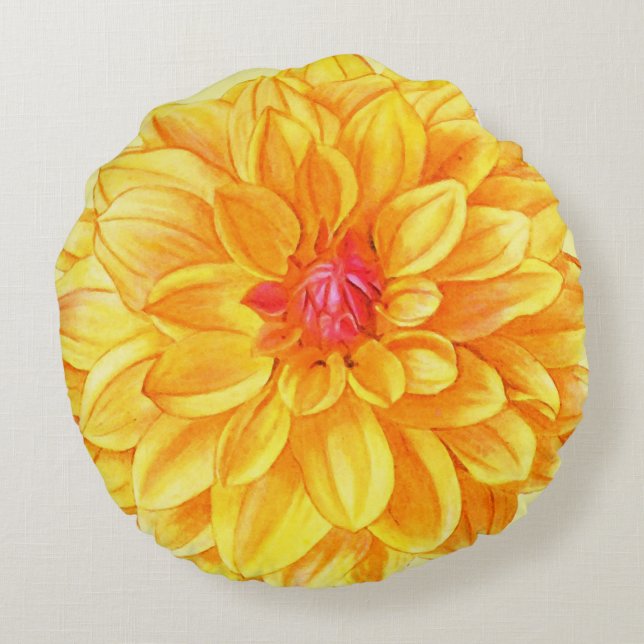 Gult Dahlia, vattenfärg Rund Kudde (Baksidan)