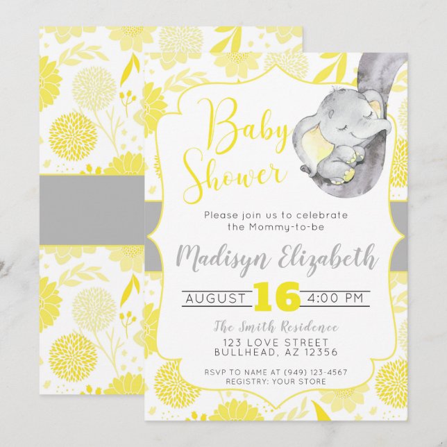 Gult Dahlias Baby Elephant Boy Shower Inbjudningar (Fram/baksida)
