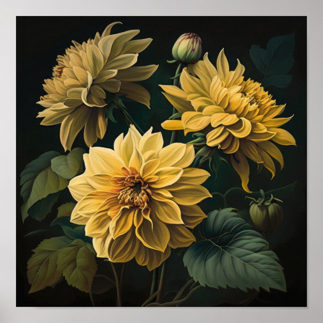 Gult Dahlias Flower Art Print Poster (Framsidan)