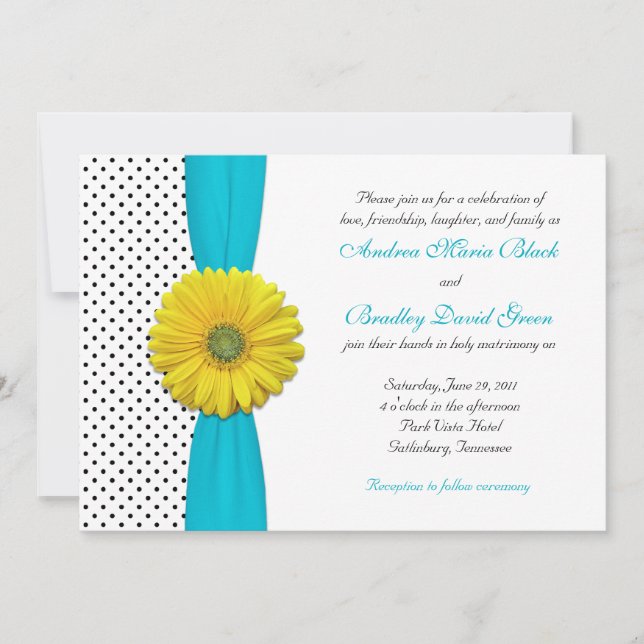Gult Daisy Aqua Polka Dot Wedding bjudande in Inbjudningar (Framsida)