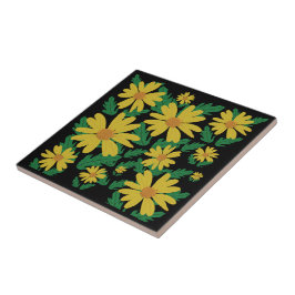 Gult daisy blommor med grönt löv keramik ti kakelplatta