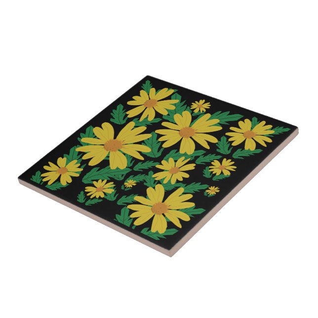 Gult daisy blommor med grönt löv keramik ti kakelplatta (Sidan)