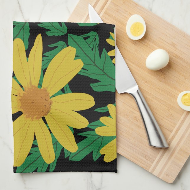 Gult daisy blommor med grönt löv-kök till kökshandduk (Vikt i Fjärdedel)