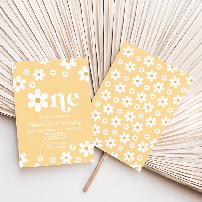 Gult Daisy En Blommigt 1:a födelsedagsinbjudan Inbjudningar (Skapare uppladdad)