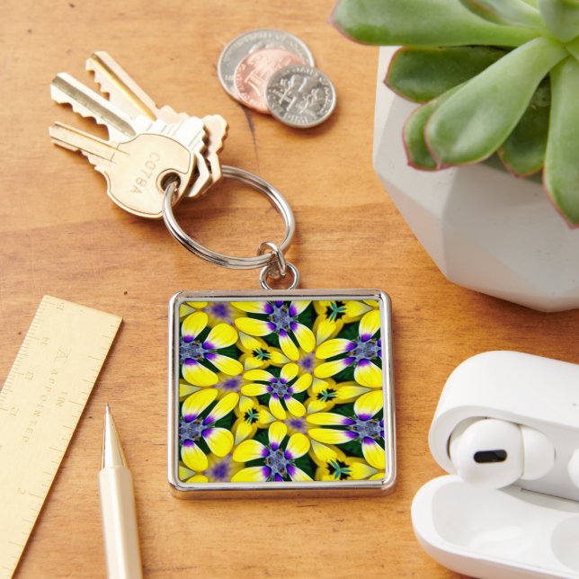 Gult Daisy Flower Mönster Fyrkantig Silverfärgad Nyckelring (Skrivbord)