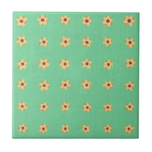 Gult Daisy Flower Mönster på Grönt Tile Trivet Kakelplatta