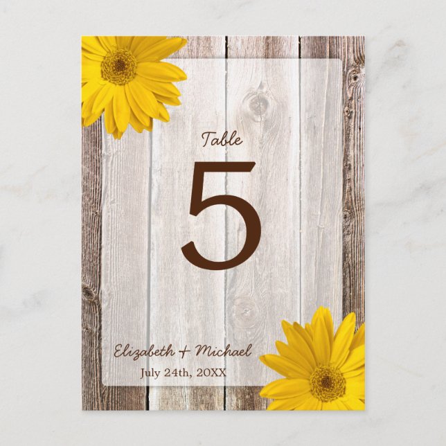 Gult Daisy Rustic Barn Wood Bröllop Bordsnummer (Framsida)
