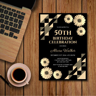 Gult Daisy Trimning Geometric Black Birthday Inbjudningar