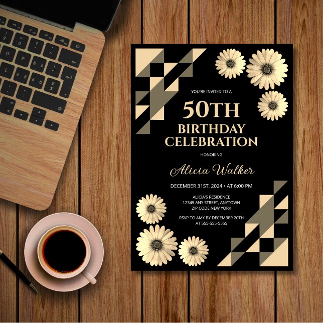 Gult Daisy Trimning Geometric Black Birthday Inbjudningar (Skapare uppladdad)