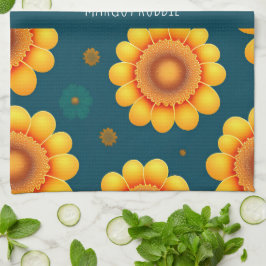 Gult Daisys Blue Background Botanical Mönster Kökshandduk