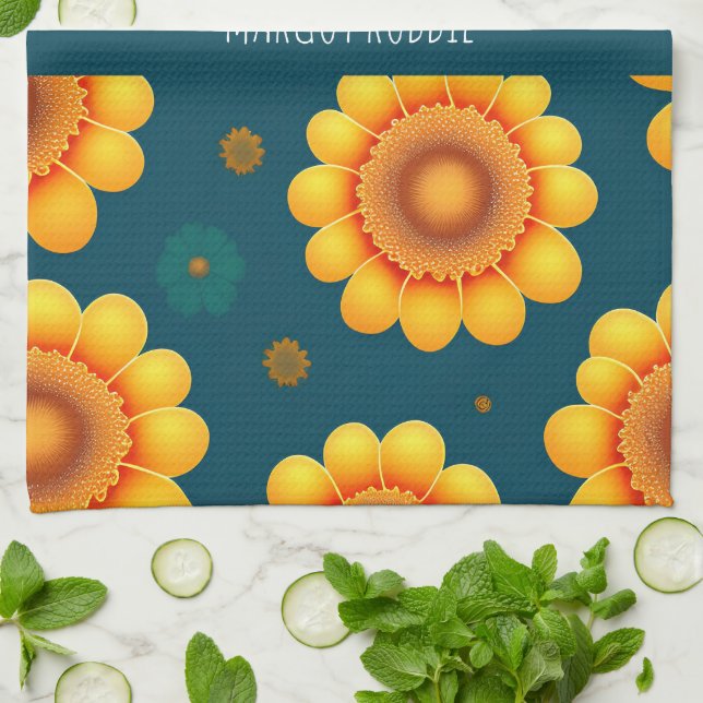 Gult Daisys Blue Background Botanical Mönster Kökshandduk (Vikta)