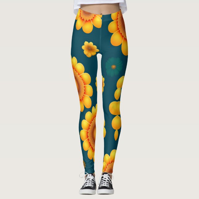 Gult Daisys Blue Background Botanical Mönster Leggings (Framsida)