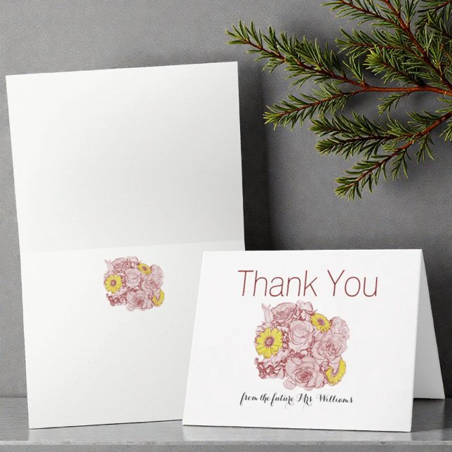 Gult Daisys Terra Cotta Outlines Bouquet Tack Kort (Template cover and inside view)