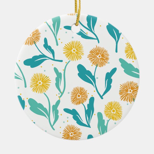 Gult Dandelion Blommönster - naturinspirerat Julgransprydnad Keramik (Framsidan)