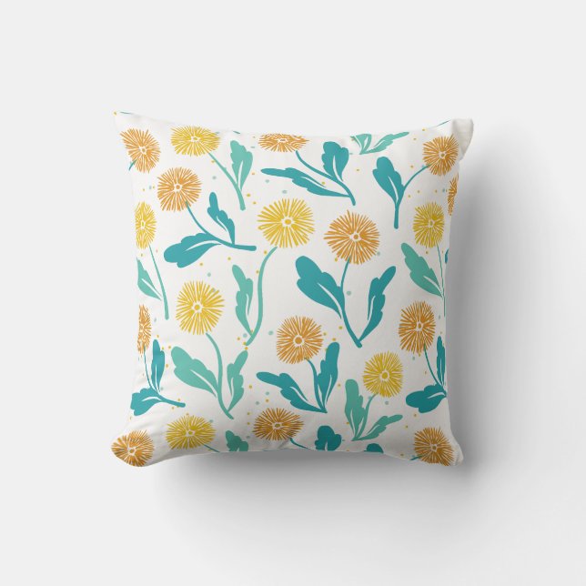 Gult Dandelion Blommönster - naturinspirerat Kudde (Framsida)