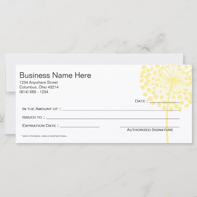 Gult Dandelion Flower Gift Certificate Design 3 (Framsida)