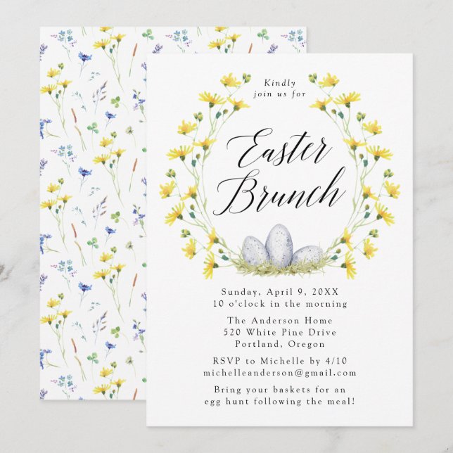 Gult Dandelion Påsk Brunch Inbjudningar (Fram/baksida)