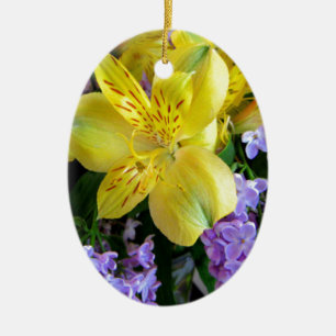 Gult Daylilies & Lila Lilac Flowers Julgransprydnad Keramik