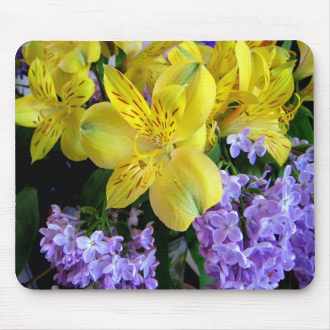 Gult Daylilies & Lila Lilac Flowers Musmatta (Framsidan)
