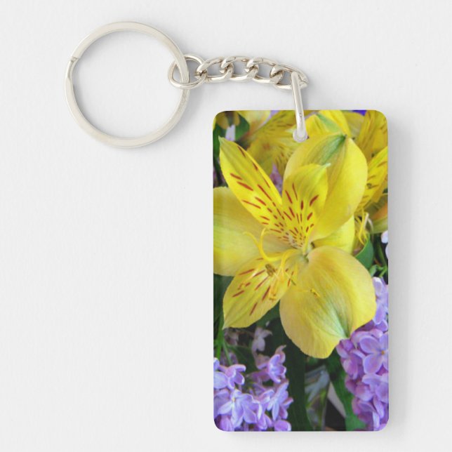 Gult Daylilies & Lila Lilac Flowers Nyckelring (Framsidan)
