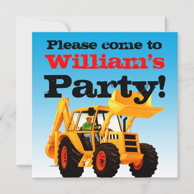 Gult Digger 2:a födelsedagspojkens Party Inbjudningar (Framsida)