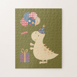 Gult Dinosaur w/Balloons, Hat and Present Pussel