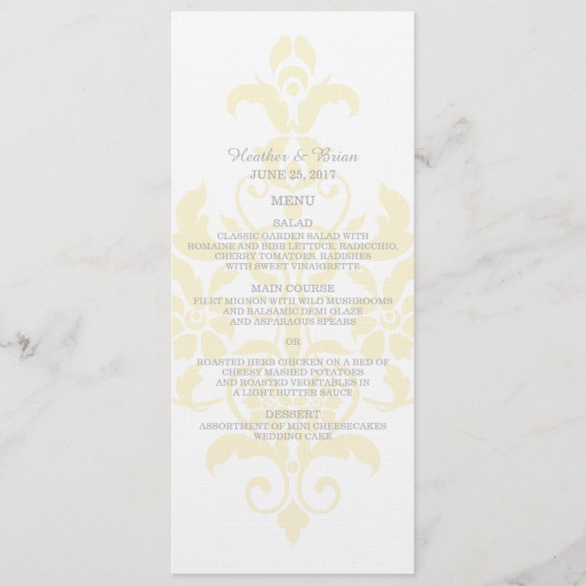 Gult Diskret Damask Wedding Menu Meny (Framsida)