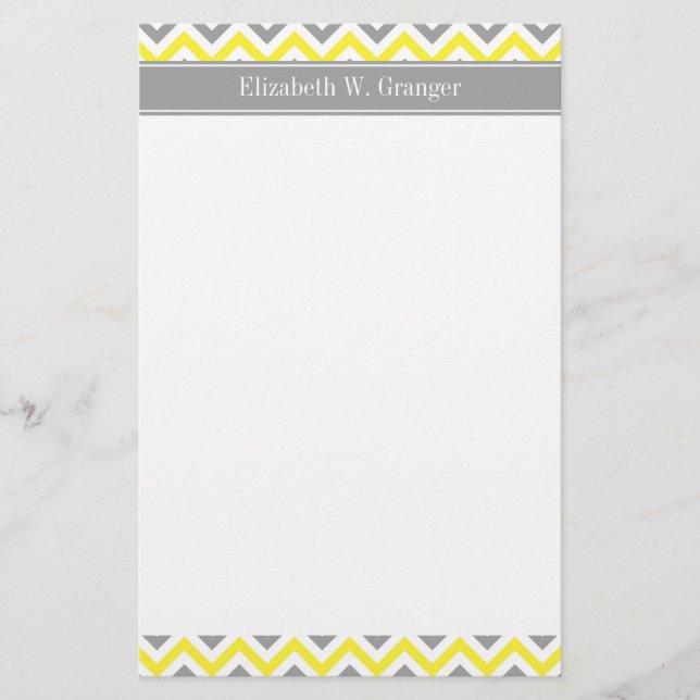 Gult Dk Grått White LG Chevron Grått Namn Monogram Brevpapper (Framsida)