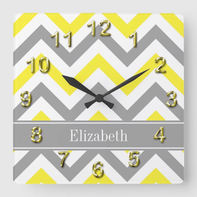 Gult Dk Grått White LG Chevron Grått Namn Monogram Fyrkantig Klocka (Framsida)