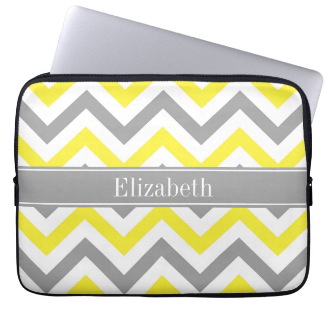 Gult Dk Grått White LG Chevron Grått Namn Monogram Laptop Sleeve (Framsidan)