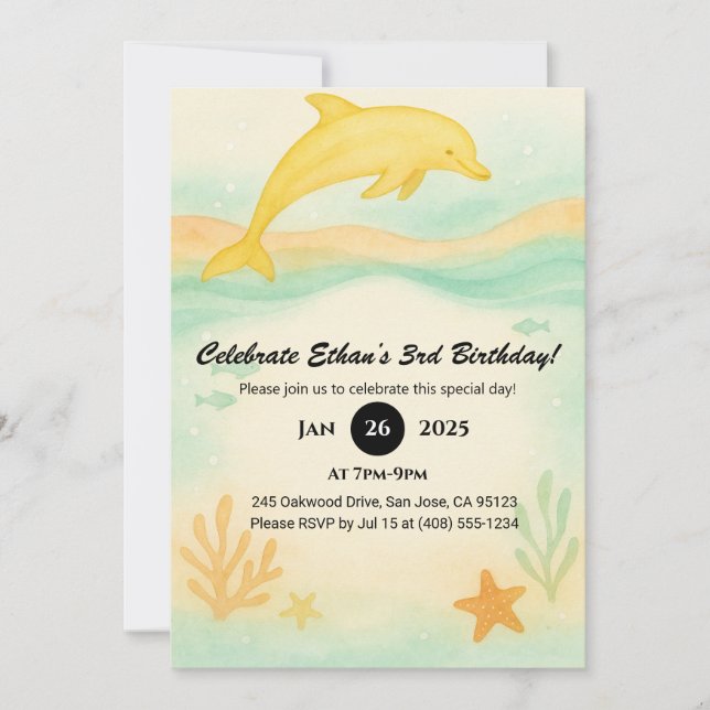 Gult Dolphin Coral Beach Illustration Birthday Inbjudningar (Framsida)