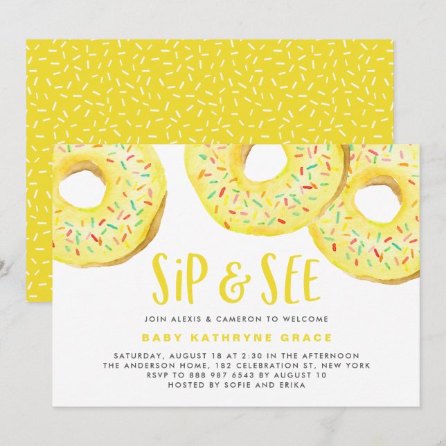 Gult Donuts Sprinkles Baby Shower Sip och se Inbjudningar (Fram/baksida)