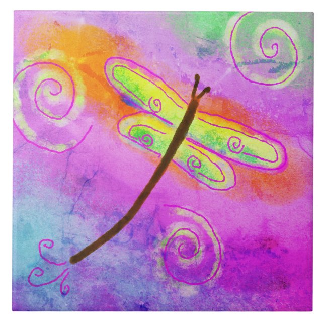 Gult Dragonfly Abstrakt Digital Painting Kakelplatta (Framsidan)
