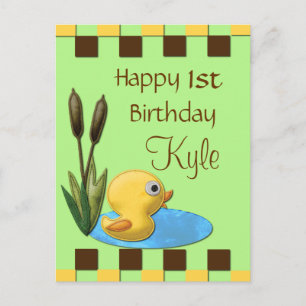 Gult Duckie, damm och kattel 1:a födelsedag Vykort