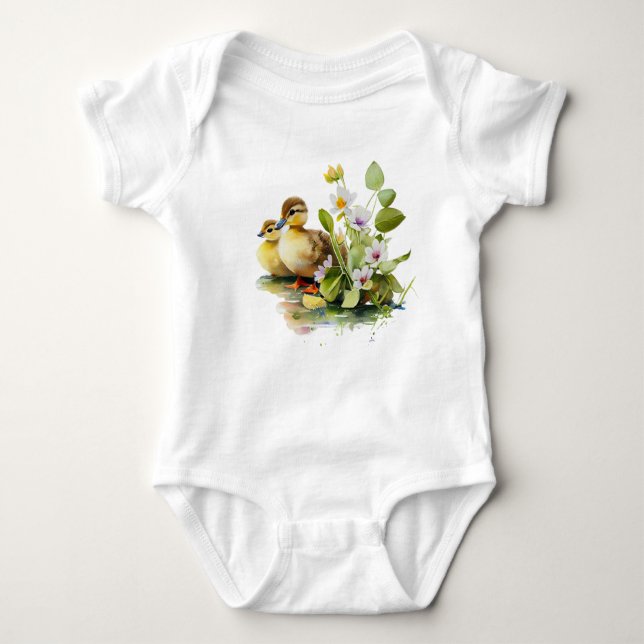 Gult Ducklings med blommor T Shirt (Framsida)