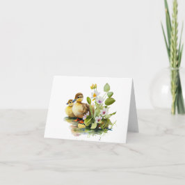 Gult Ducklings with Flowers BLANK Kort