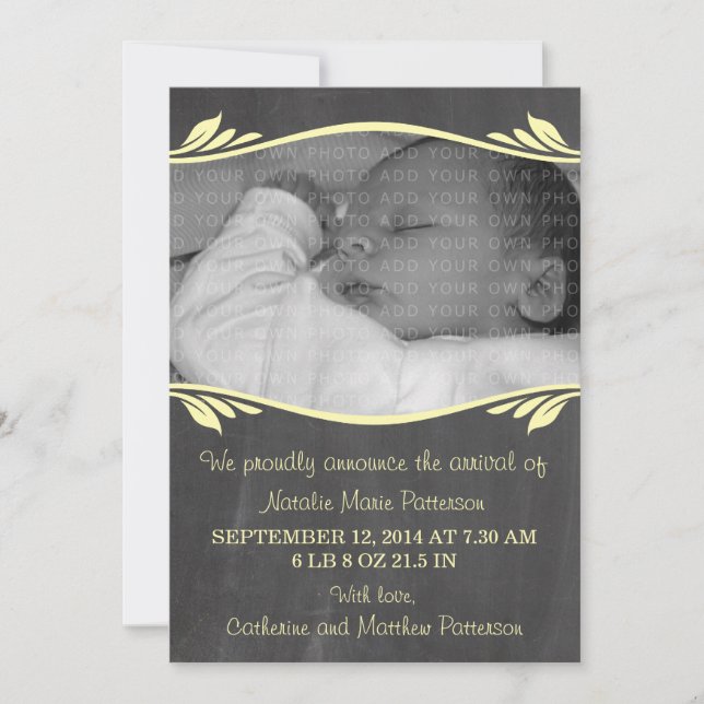 Gult Elegant Chalkboard Baby avisering Meddelande (Framsida)