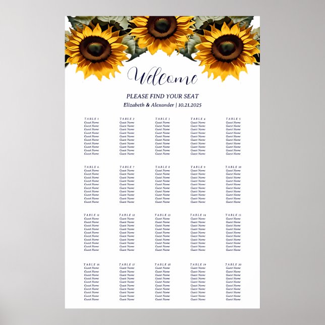 Gult elegant Solblommor bröllop sittande sjökort Poster (Framsidan)