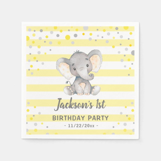 Gult Elephant 1st Birthday Little Peanut Party Pappersservett (Framsidan)